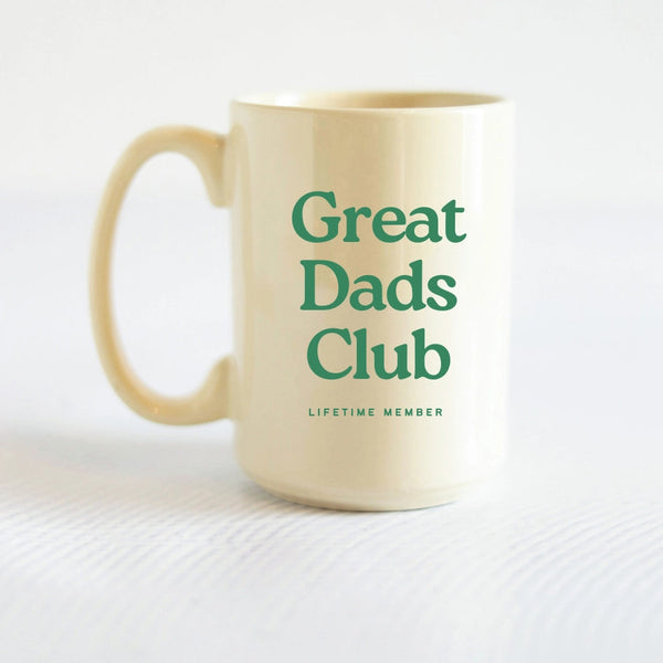 Beige mug with 'Great Dads Club Lifetime Member' text on a white background