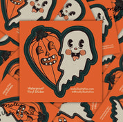 Halloween-themed waterproof vinyl sticker with ghost and pumpkin design on an orange background.