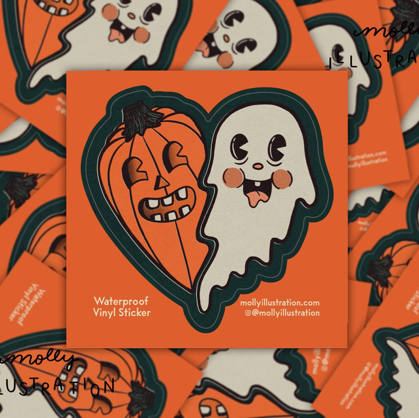 Halloween-themed waterproof vinyl sticker with ghost and pumpkin design on an orange background.