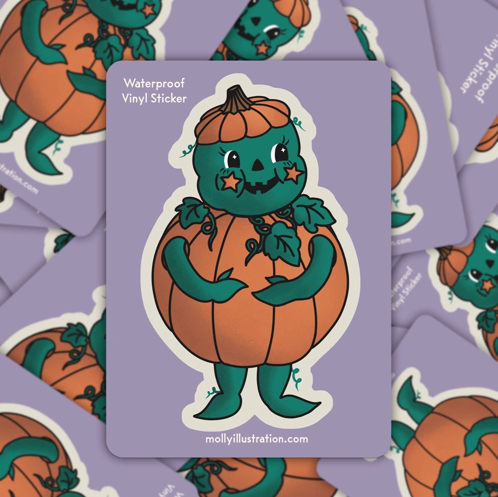 Vinyl sticker of a pumpkin character with green accents on a purple card, surrounded by more stickers.