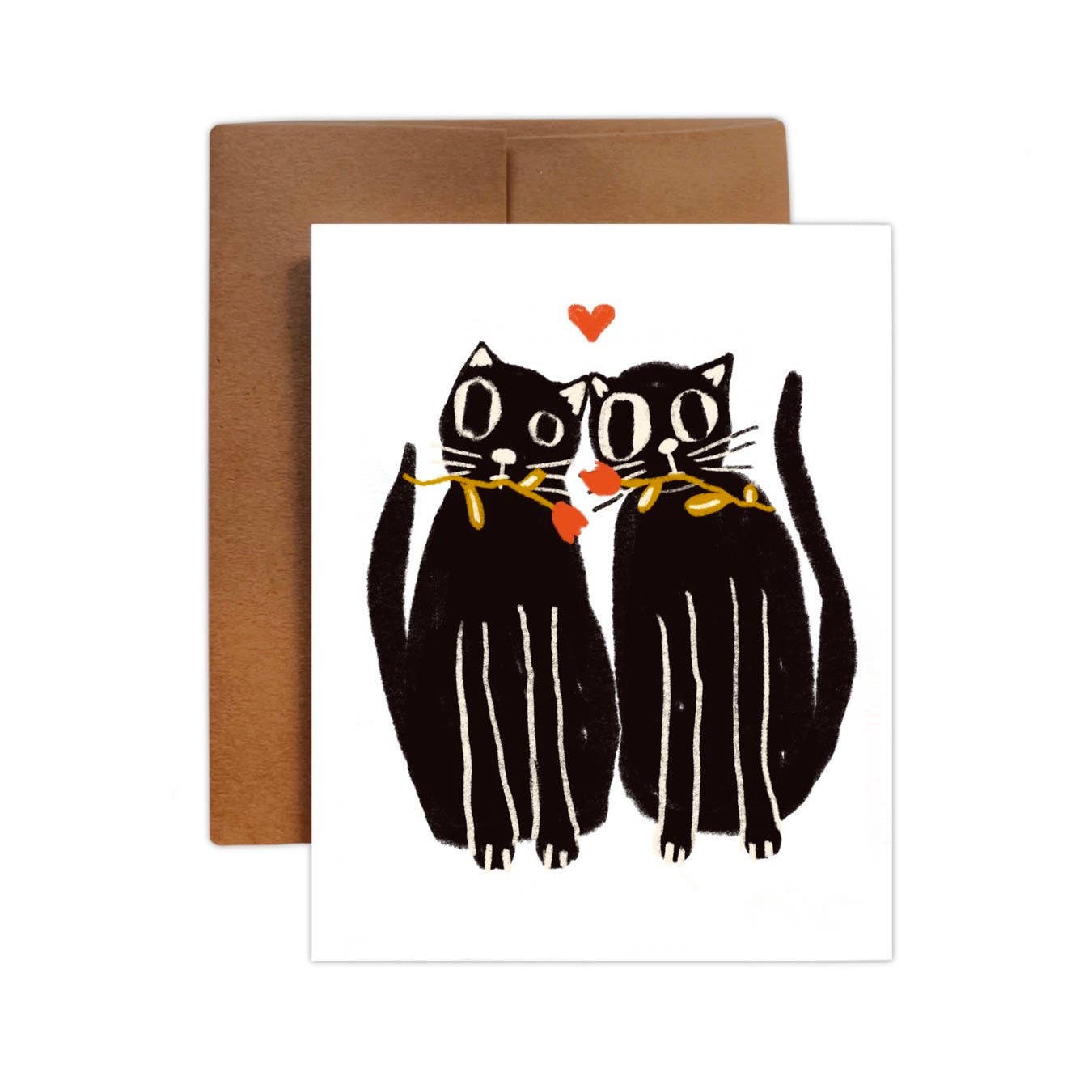 Greeting card with an illustration of two black cats holding hearts, on a white background, with a blank interior for a personal message.