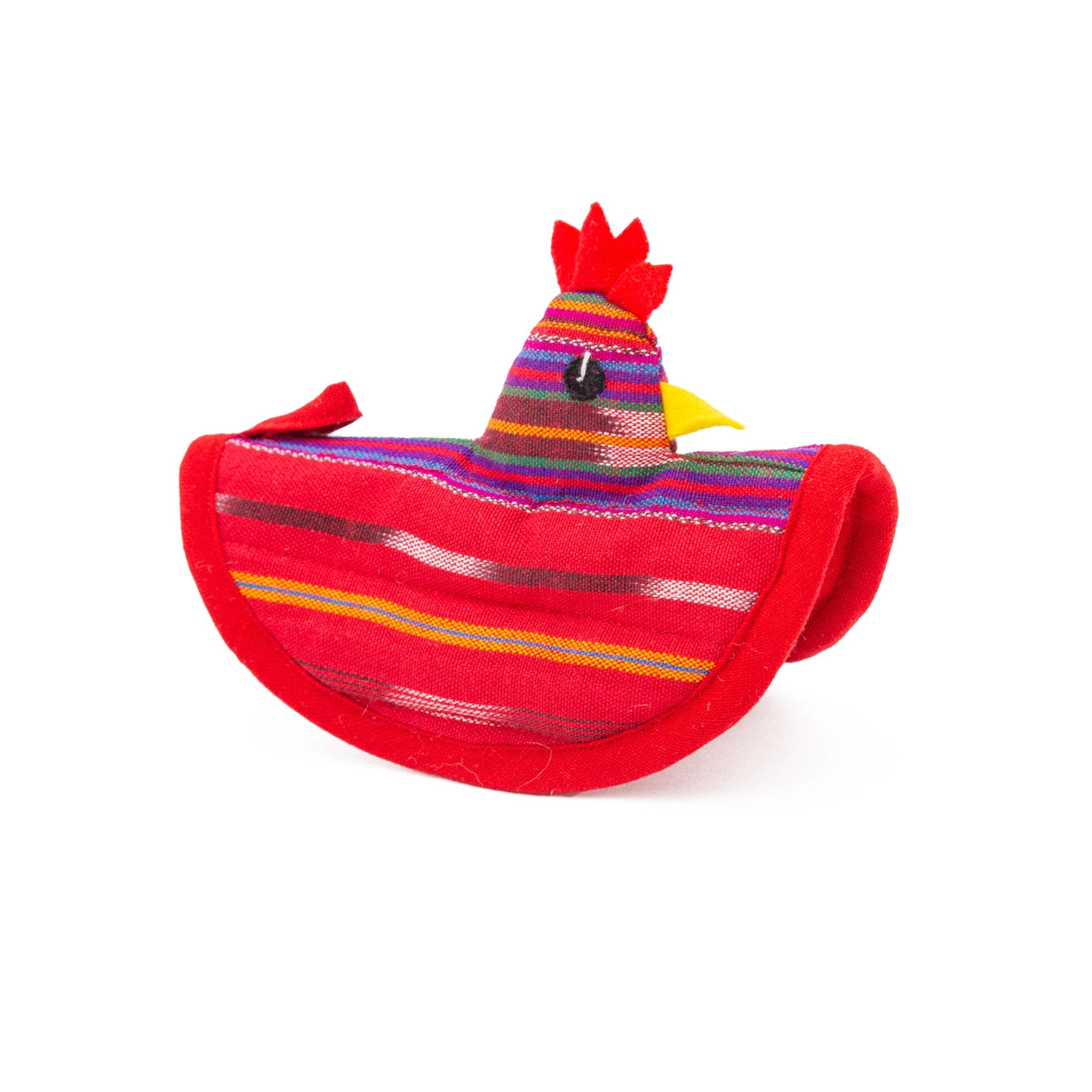 A striped fabric pot holder shaped like a chicken with a red crown and yellow beak.
