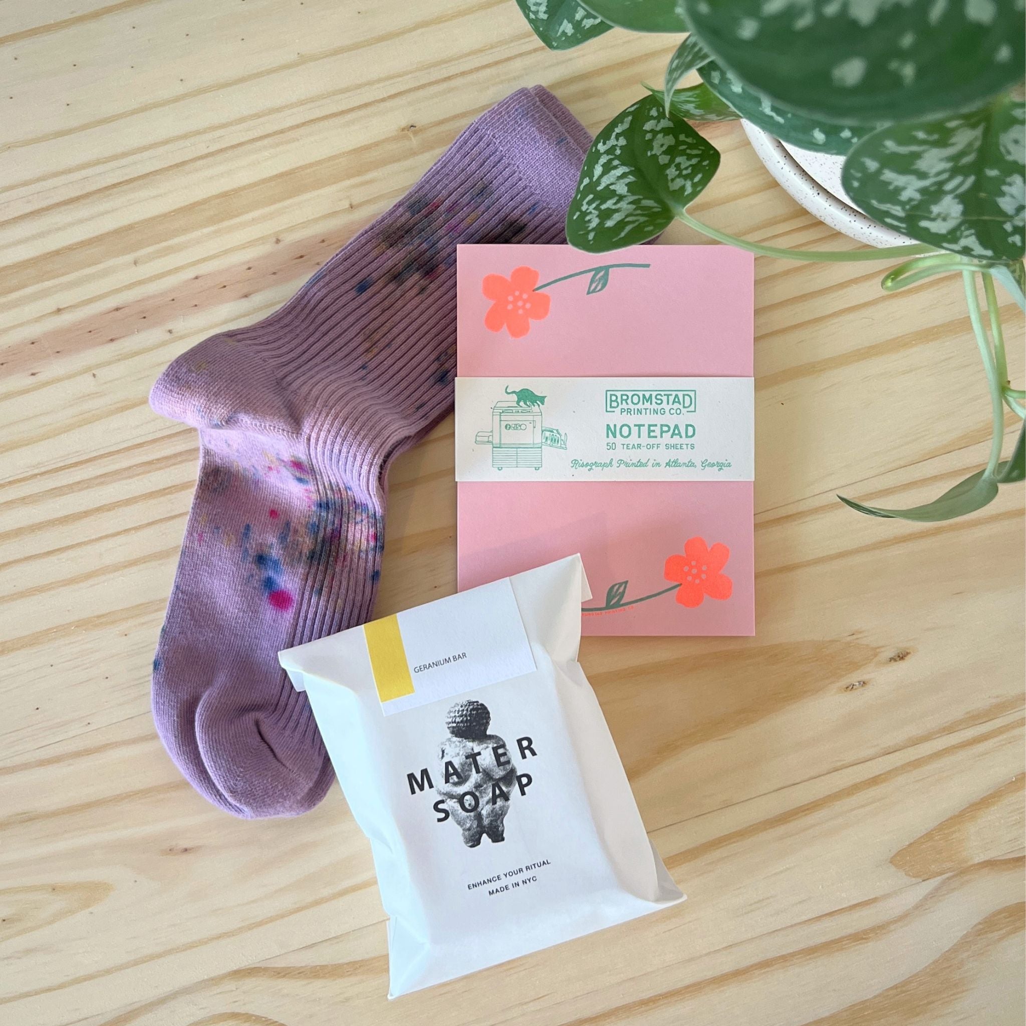 In Bloom Floral Gift Set with Mater Soap Geranium Bar, Merle Works Hand-Dyed Socks, Bromstad Printing Risograph Notepad and Canvas Bucket Tote