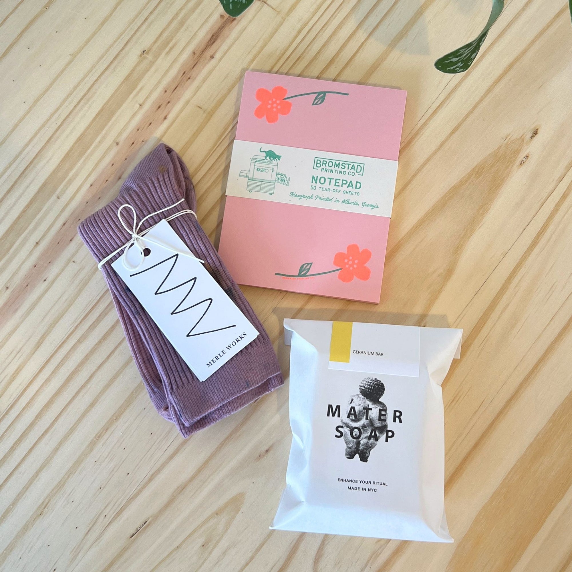 In Bloom Floral Gift Set with Mater Soap Geranium Bar, Merle Works Hand-Dyed Socks, Bromstad Printing Risograph Notepad and Canvas Bucket Tote
