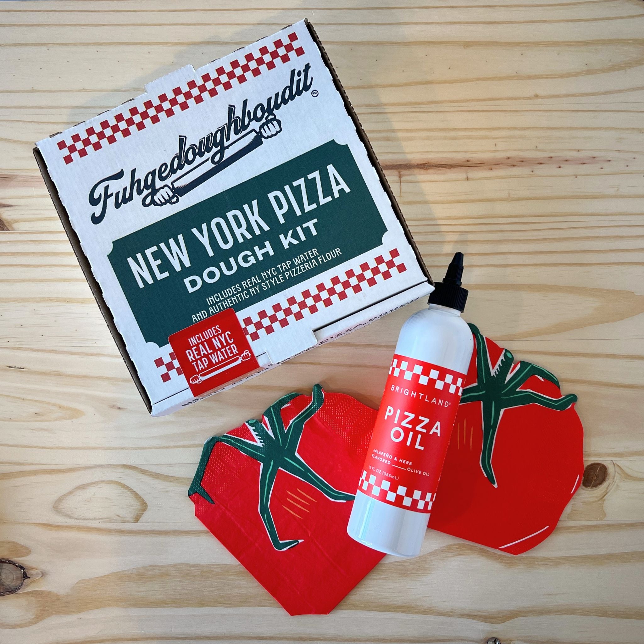 Pizza Party Gift Box with New York Pizza Dough Kit, Brightland Pizza Oil, and Tomato Shaped Napkins by Rider Gifts