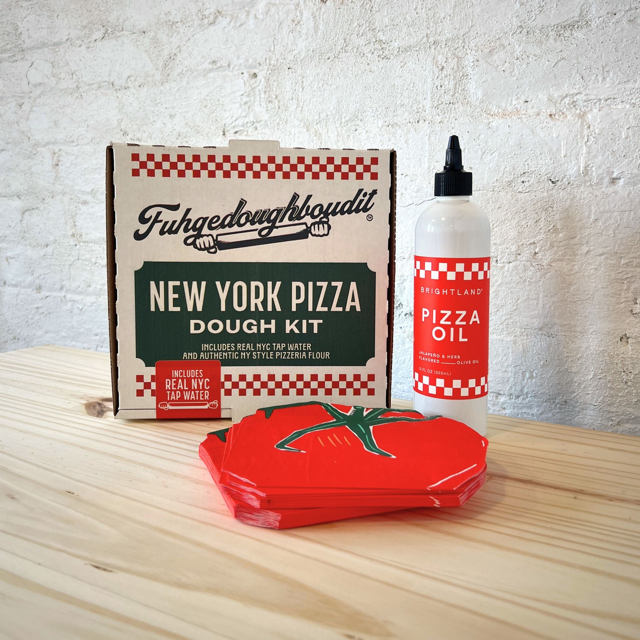 Pizza Party Gift Box with New York Pizza Dough Kit, Brightland Pizza Oil, and Tomato Shaped Napkins by Rider Gifts