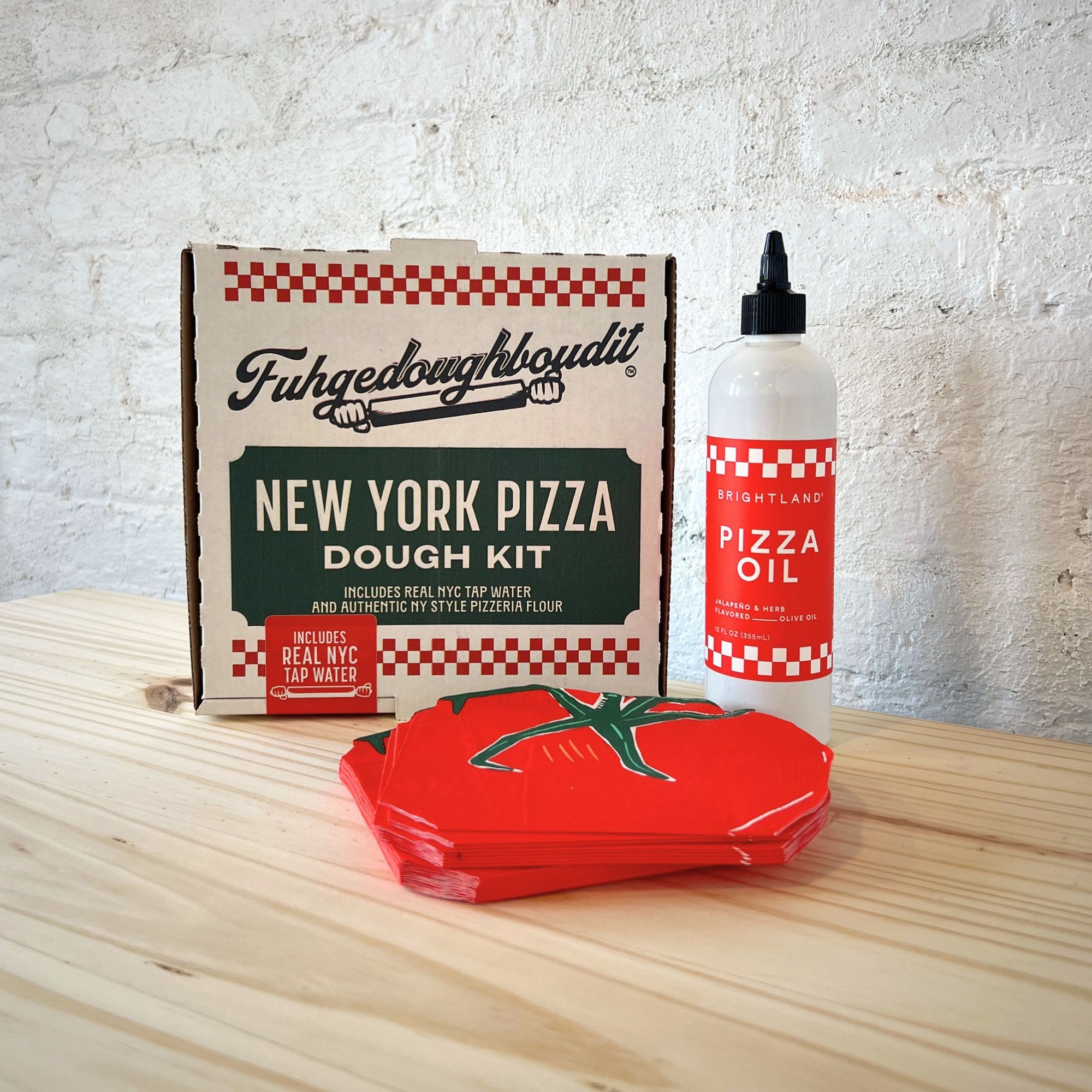 Pizza Party Gift Box with New York Pizza Dough Kit, Brightland Pizza Oil, and Tomato Shaped Napkins by Rider Gifts