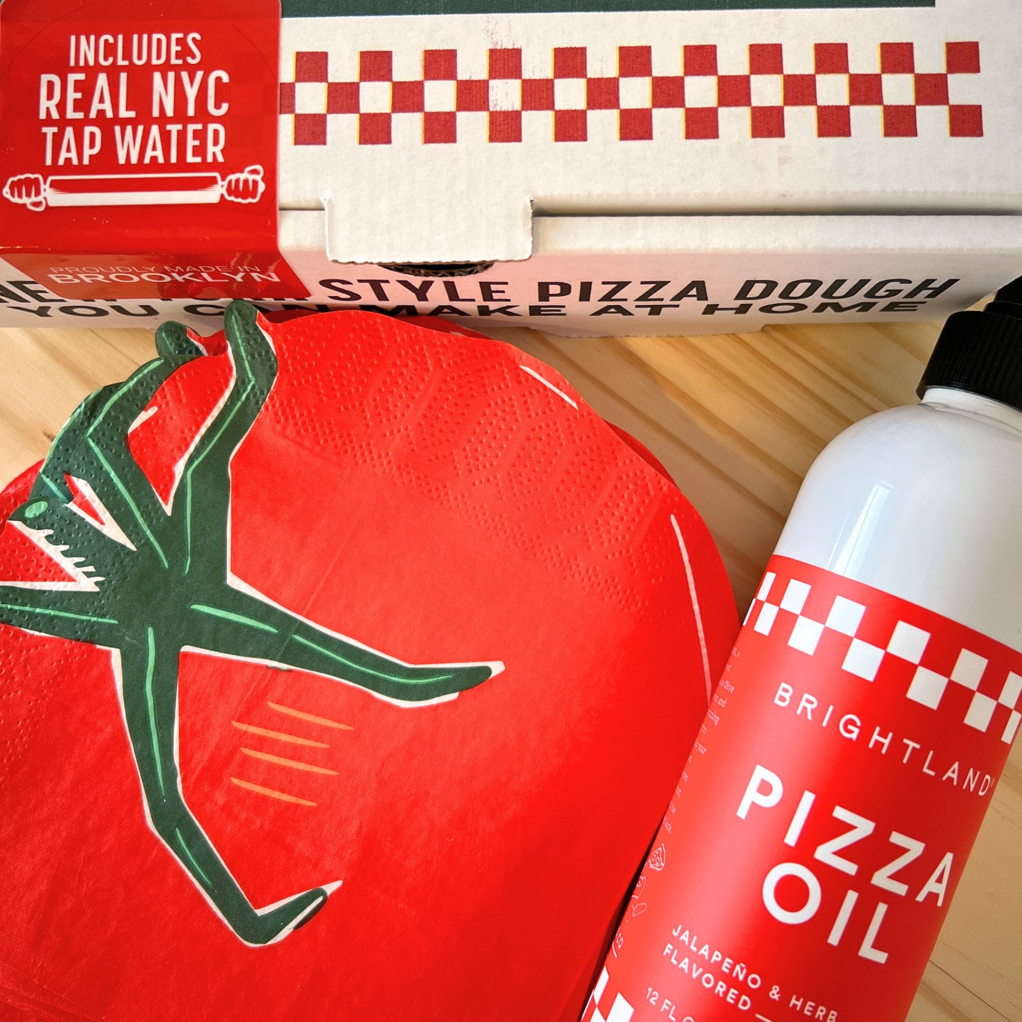 Pizza Party Gift Box with New York Pizza Dough Kit, Brightland Pizza Oil, and Tomato Shaped Napkins by Rider Gifts