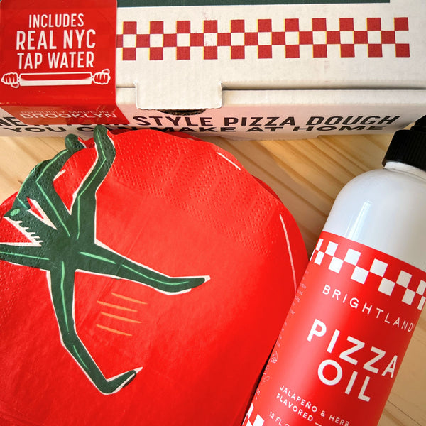 Pizza Party Gift Box with New York Pizza Dough Kit, Brightland Pizza Oil, and Tomato Shaped Napkins by Rider Gifts