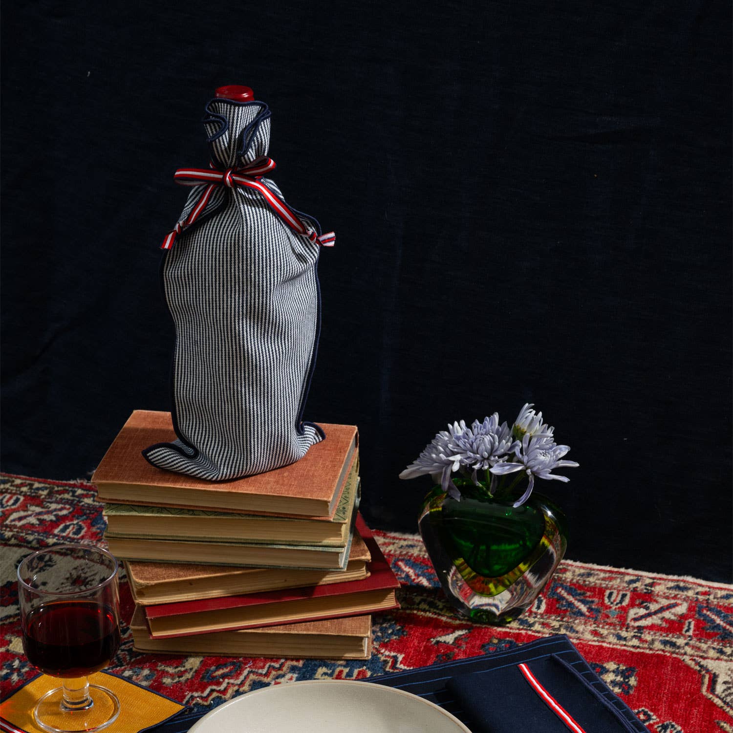 Indigo Striped Wine Bottle Bag