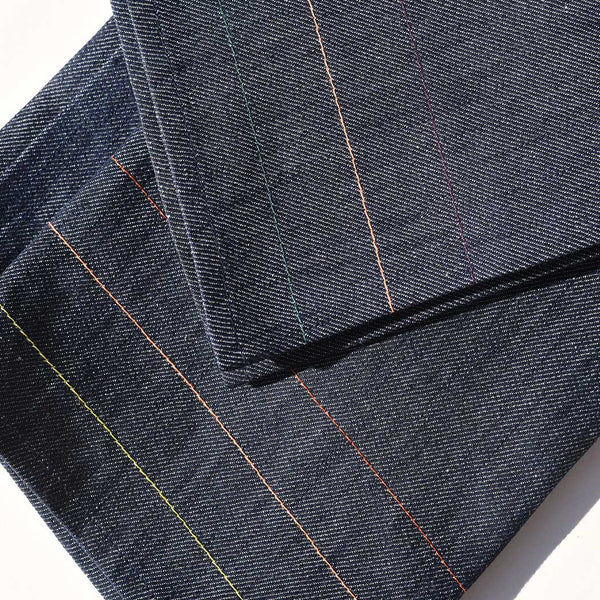 Close-up of dark denim fabric with stitching details