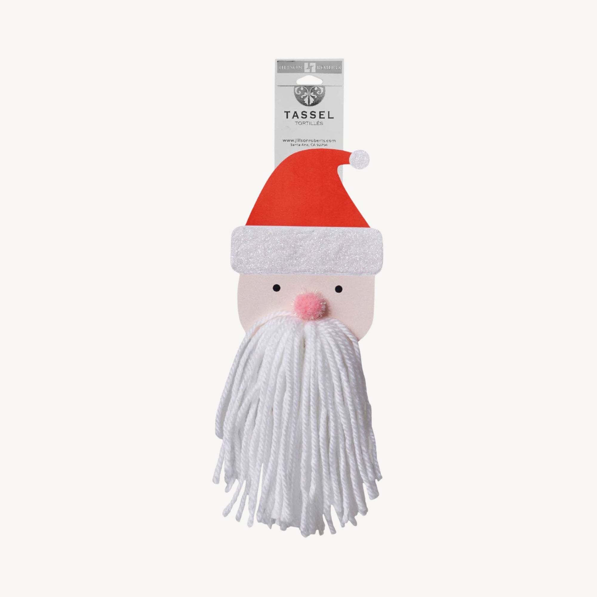 Decorative santa with a red hat and white tassle beard on a white background, featuring the brand 'Tassel'.