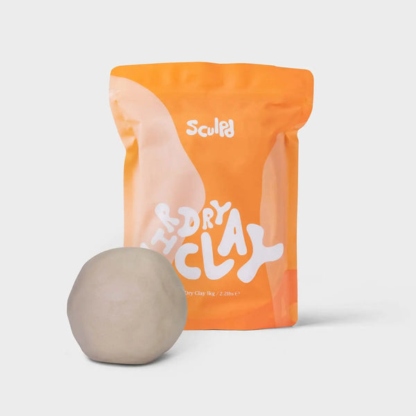 Sculpd dry clay package with a ball of clay on a light gray background