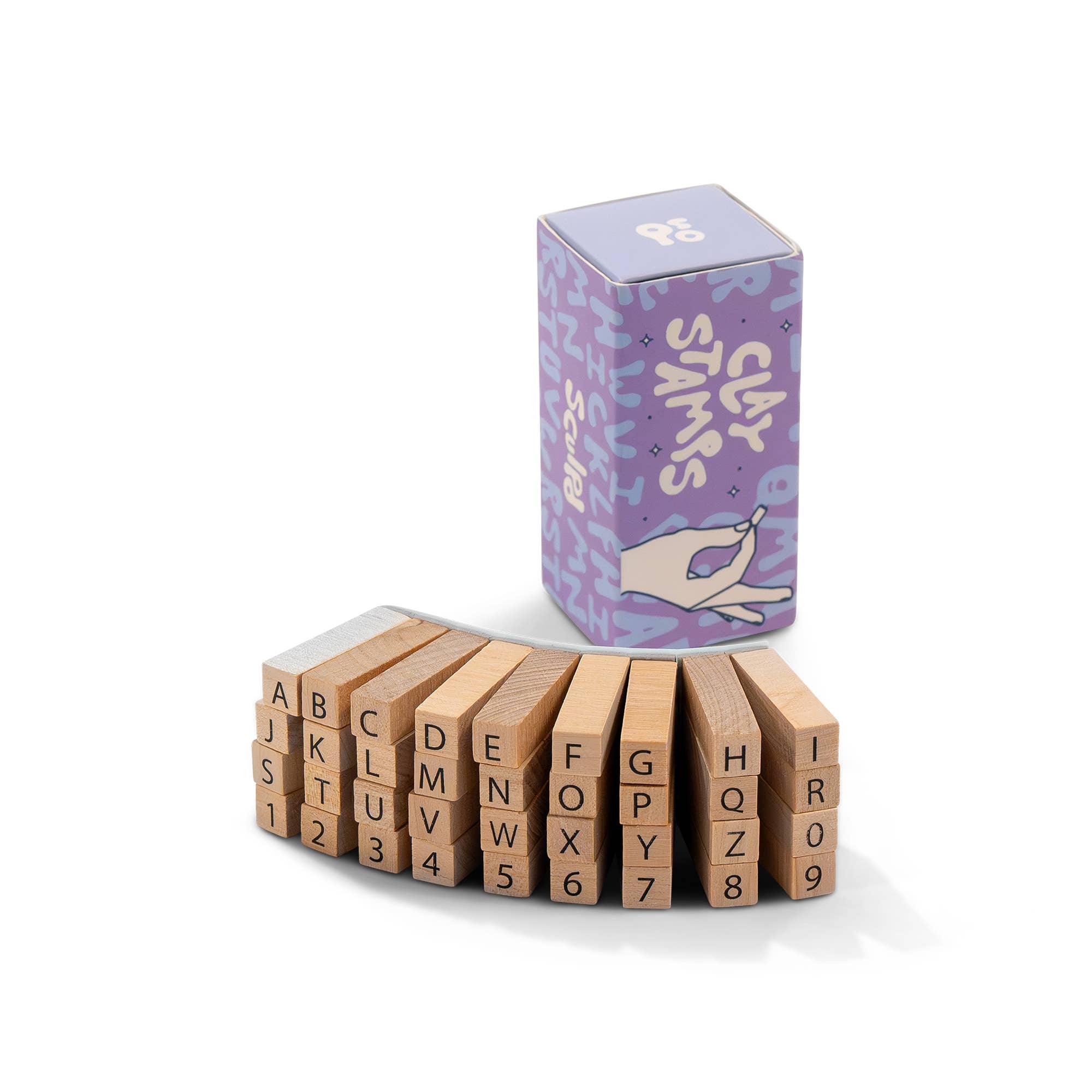 Set of wooden letter and number blocks with a purple packaging box on a white background