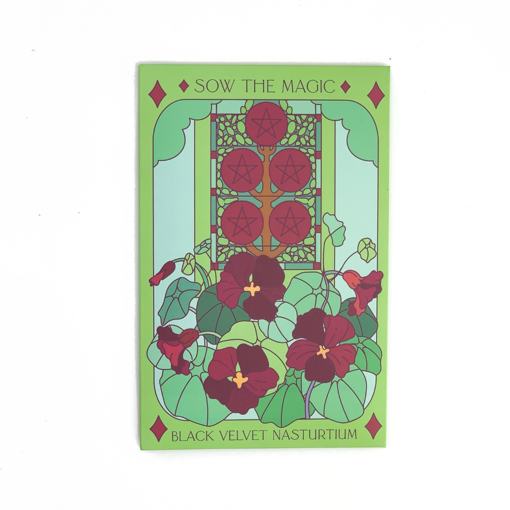 Seed packet with floral design and text 'Sow the Magic' on a green background
