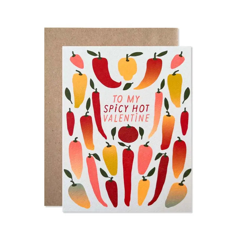 Greeting card with images of peppers and the phrase "To my spicy hot valentine"