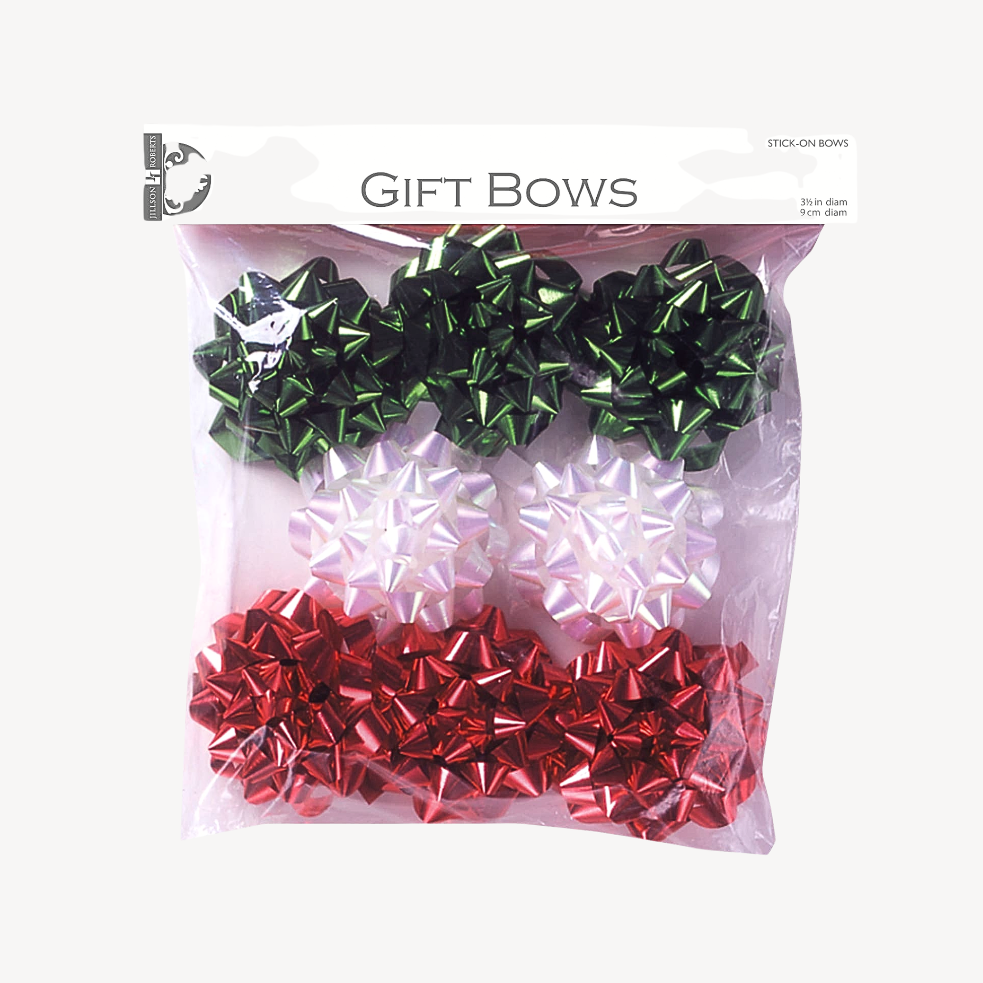 Packaged gift bows in green and red with visible brand logo on a white background