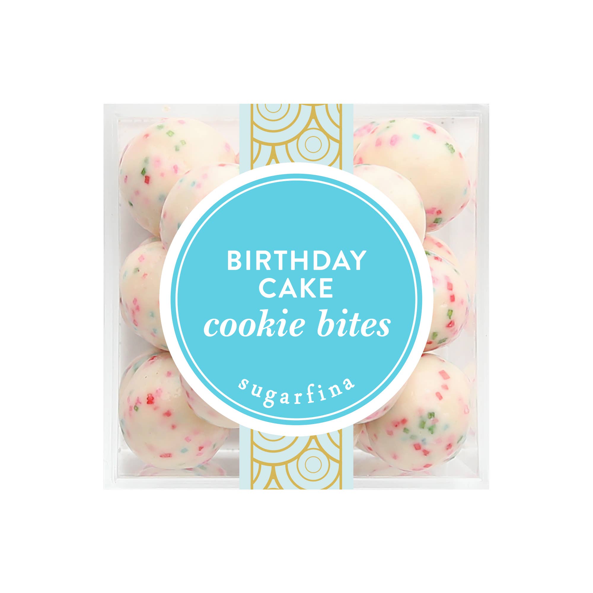 Packaged birthday cake cookie bites with 'sugarfina' branding on a white background