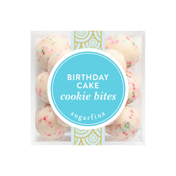 Packaged birthday cake cookie bites with 'sugarfina' branding on a white background