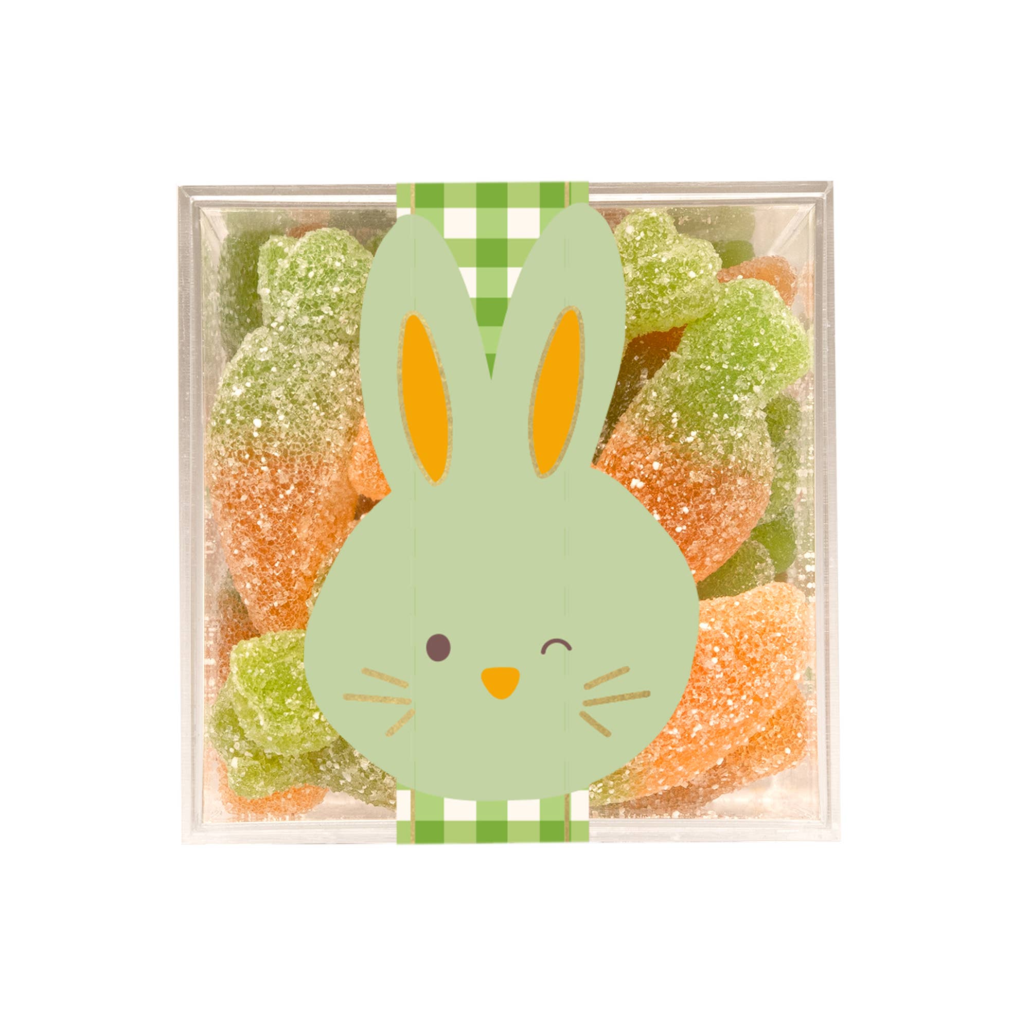 Box of gummy candies shaped like bunnies with a green checkered border.