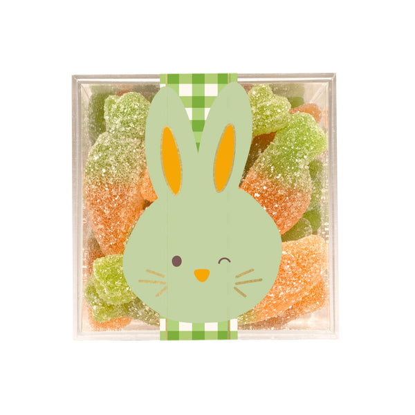 Box of gummy candies shaped like bunnies with a green checkered border.