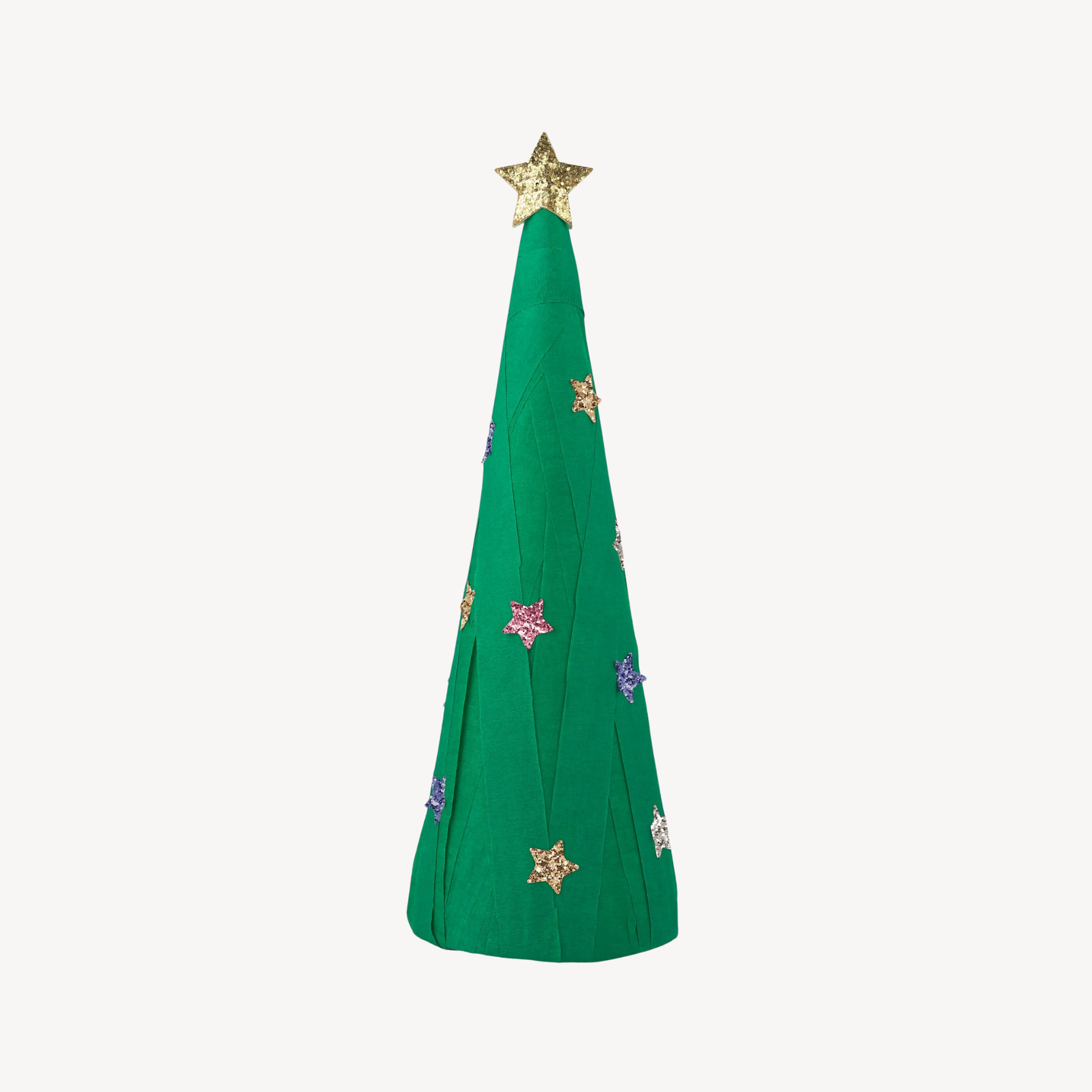 Green cone-shaped tree with star decorations on a white background