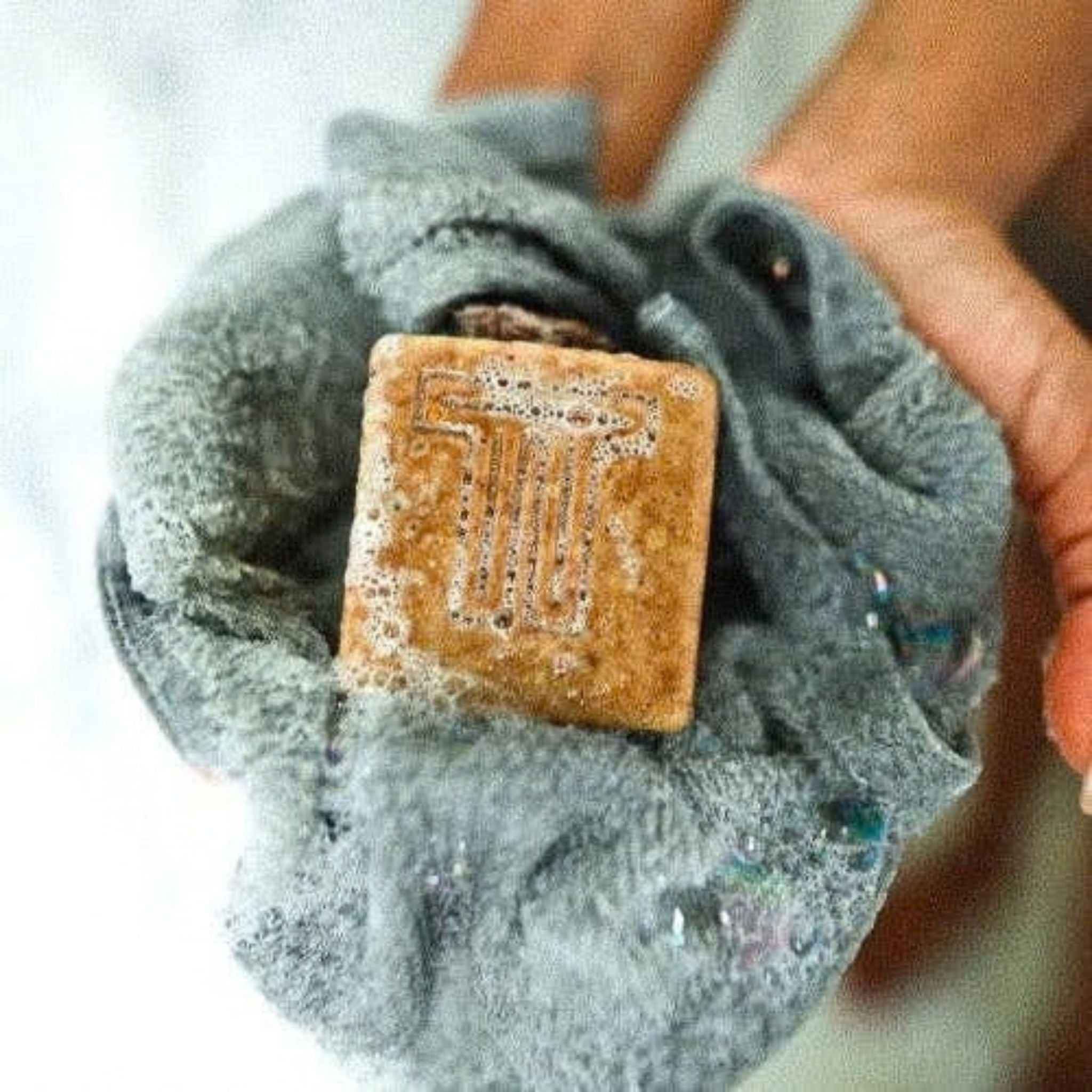 Gray towel with a sudsy bar of soap inside on a white background