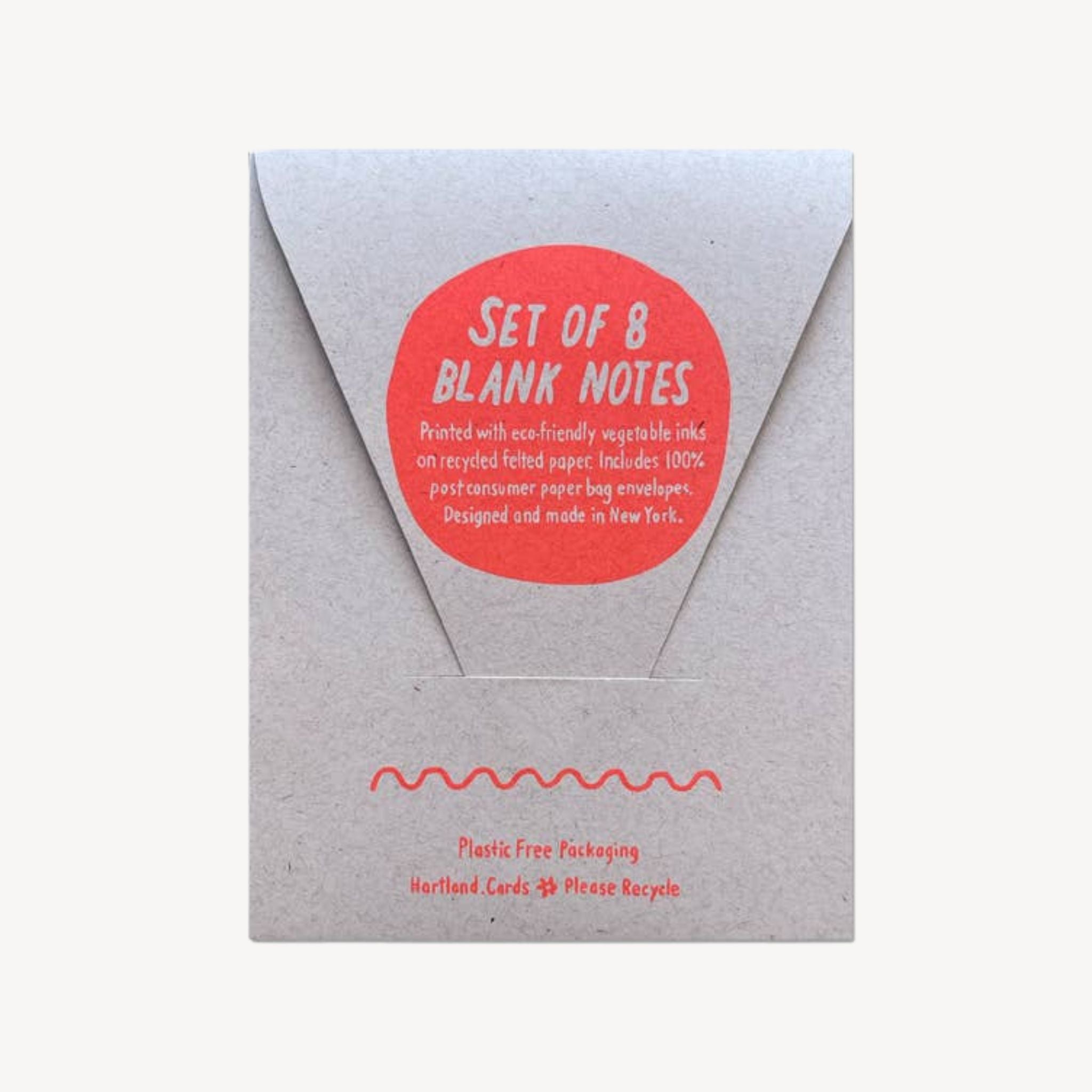 A kraft paper envelope-style package with a red circular sticker reading 'SET OF 8 BLANK NOTES' on a white background.