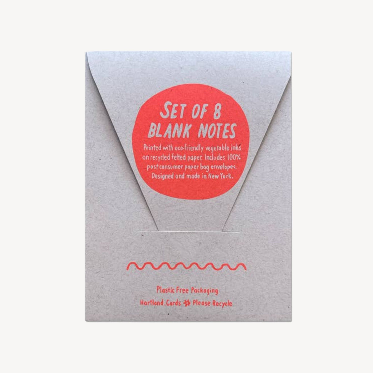A kraft paper envelope-style package with a red circular sticker reading 'SET OF 8 BLANK NOTES' on a white background.