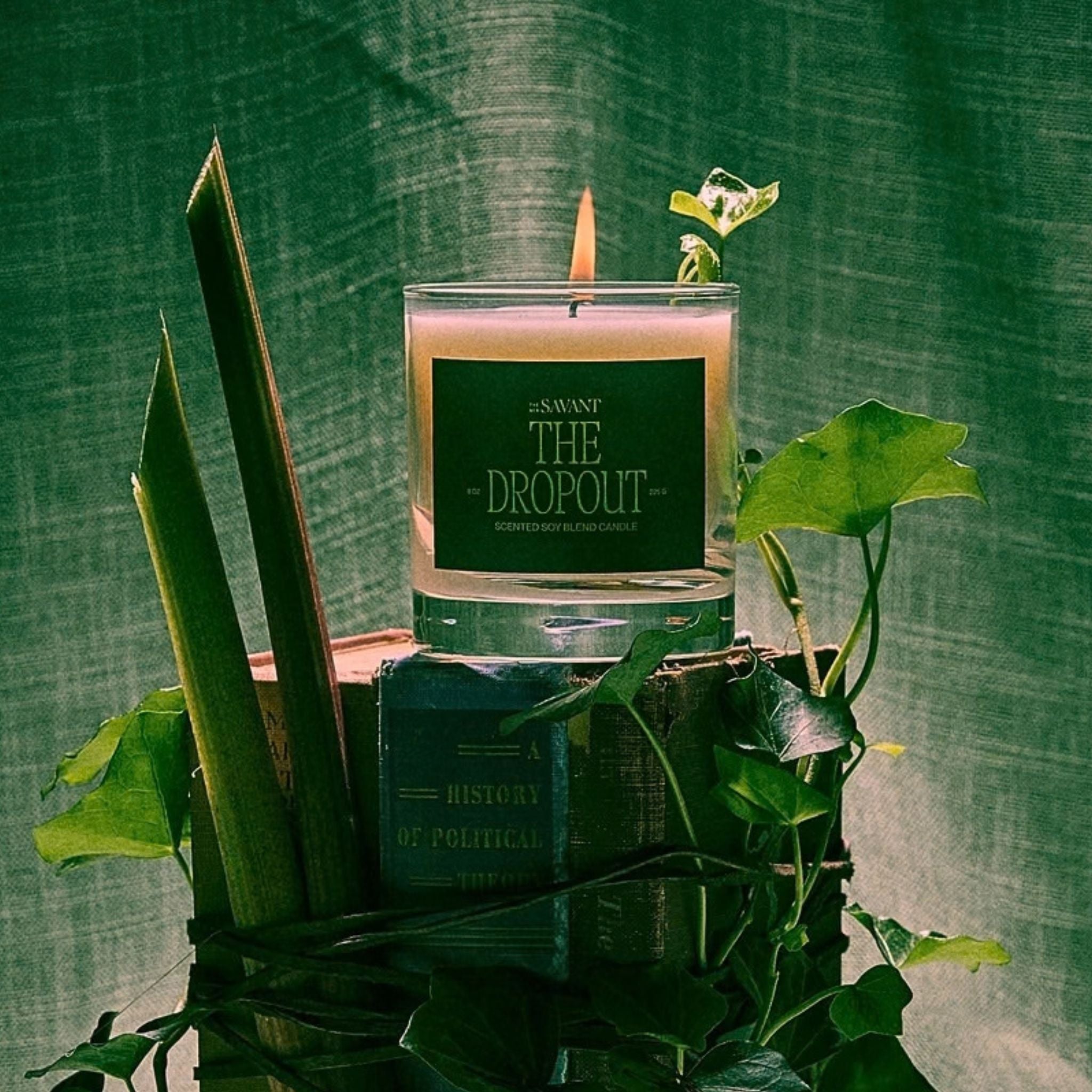 A glass jar candle with a dark green label reading 'THE NEW SAVANT THE DROPOUT' sits on top of vintage books, wrapped in greenery with leaves and stems, against a textured dark green backdrop.