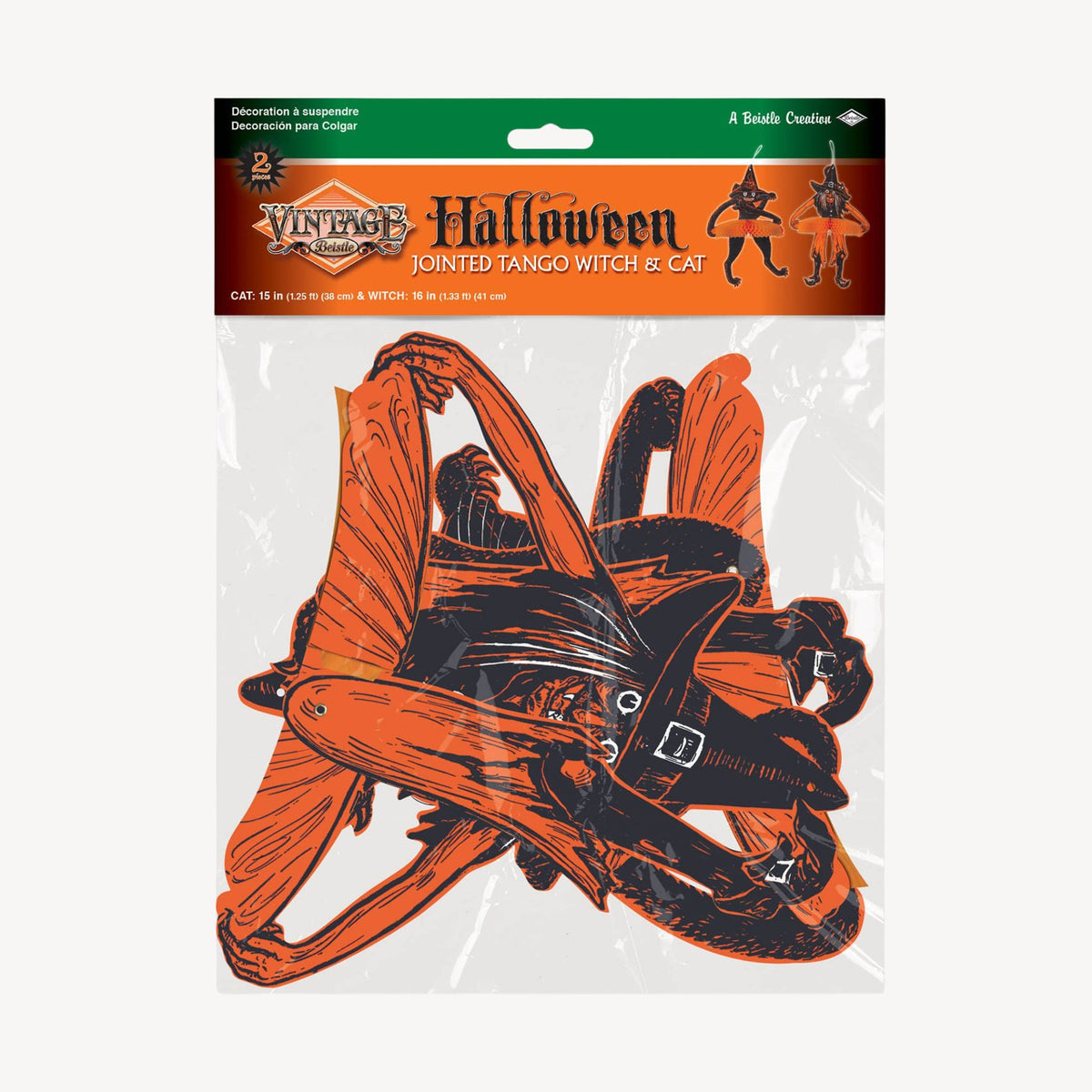 Two Halloween hanging ornaments shaped like witch cats, one standing and one crouching, both in black with orange tutus and white hanging loops, shown on a plain white background.
