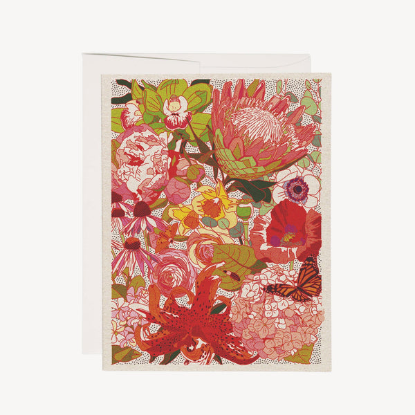 A square greeting card with a vibrant floral illustration featuring pink protea, red poppies, green leaves, and a butterfly, shown with a white envelope behind it on a light gray background.