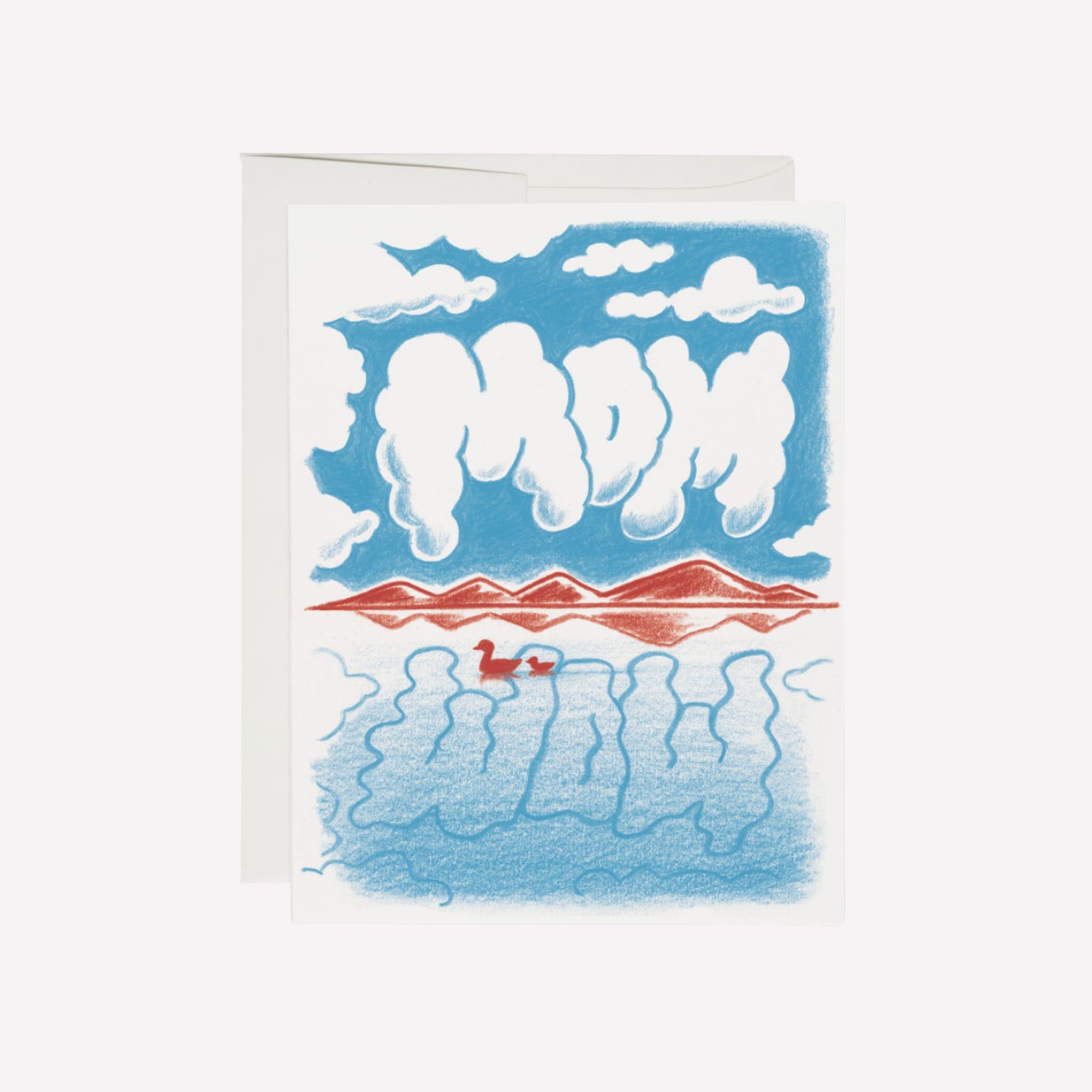 Card with a stylized illustration of mountains, clouds, and a duck in a lake on a white background.