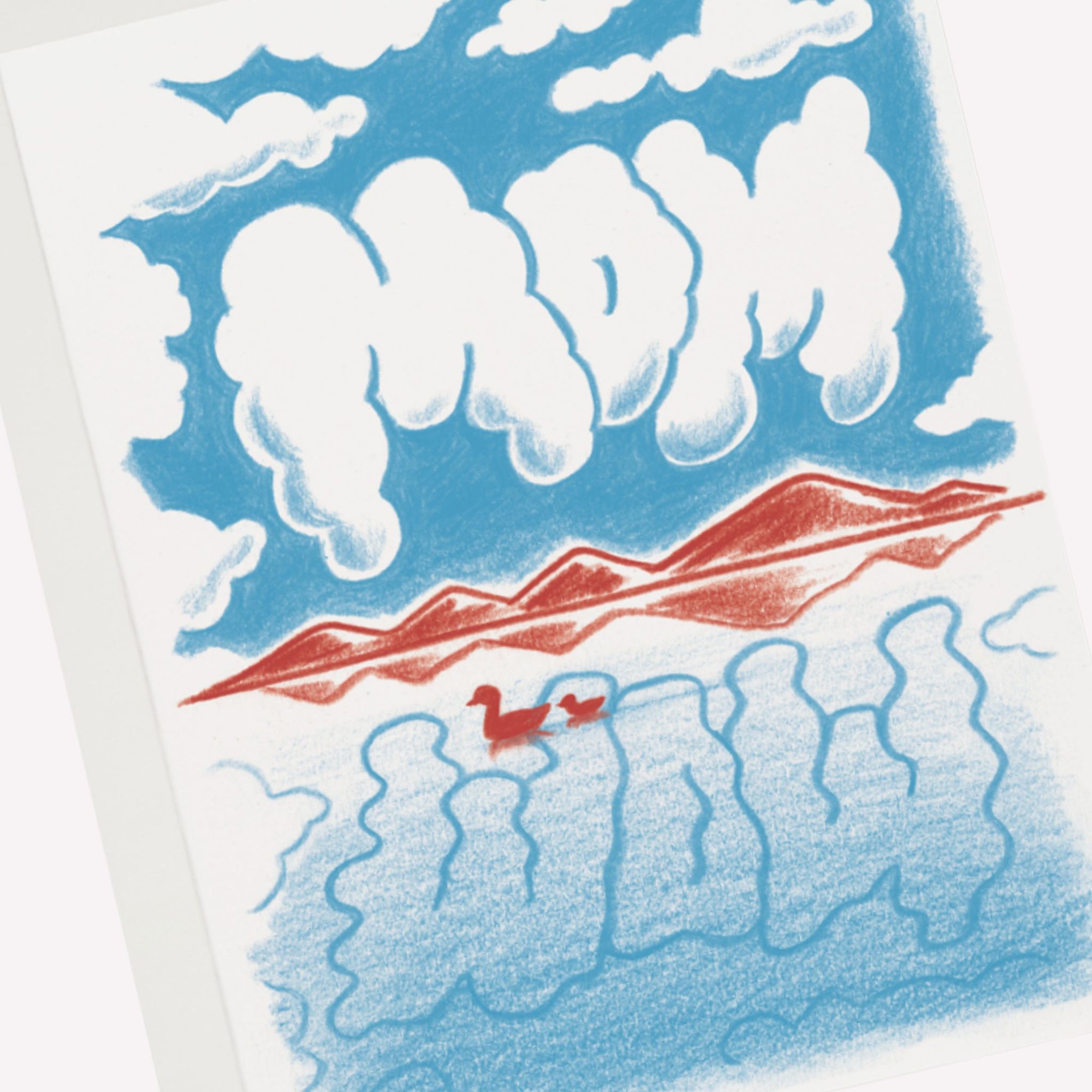 Illustration of a series of red mountains with clouds in the sky.